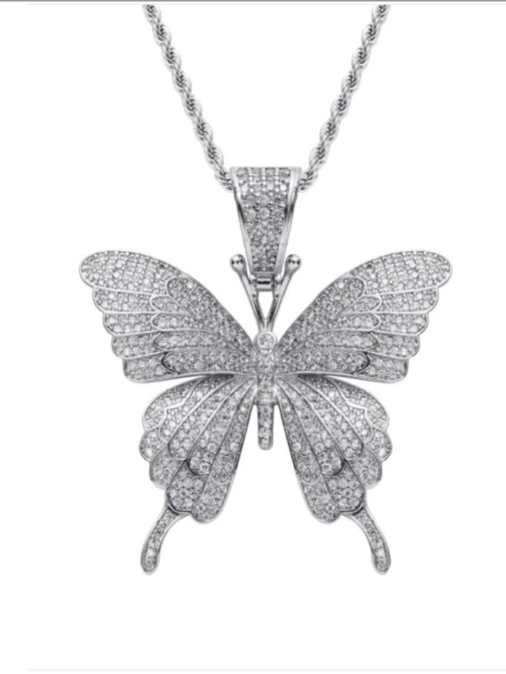 24 inch Silver Butterfly Pendant Necklace - Sparkling Crystal Accent